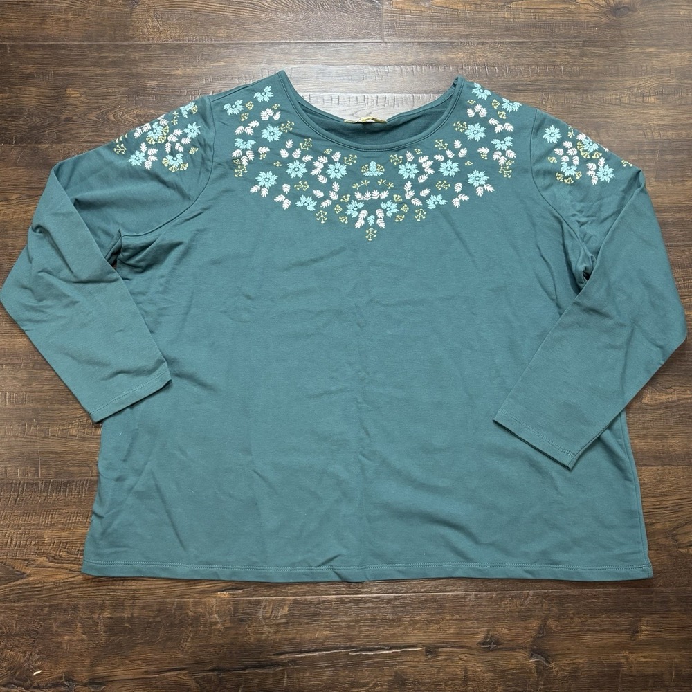 Ribbon Heart‎ Long Sleeve Embroidered Women's 2X Top Snowflake Winter Blue/Green
